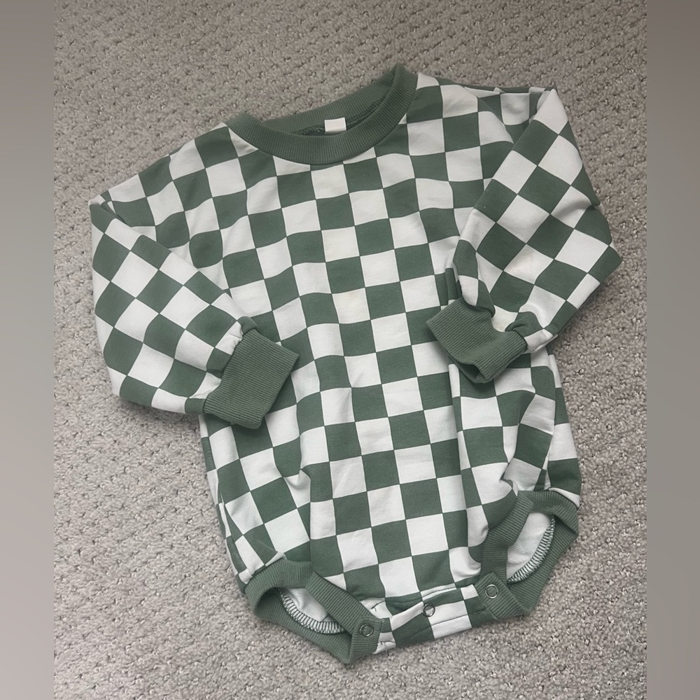 Green and White Checkerboard Bubble Onesie - 12 M